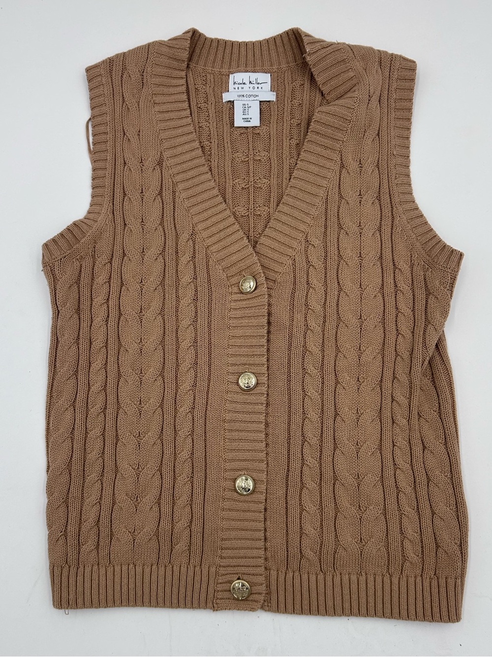 Nicole Miller Cable Knit V-Neck Sweater Vest - Tan